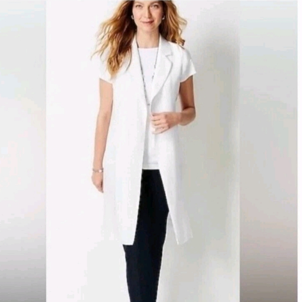 J. Jill White Sleeveless Long Vest with Tailored Lapel